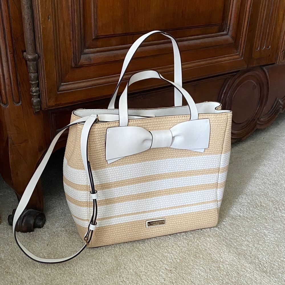 Kate Spade Beige and White Striped Tote with bow and strap